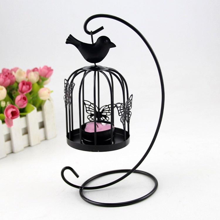 Wrought Iron Birdcage Wind Lantern Butterfly Bird Metal Candle HolderBlack  