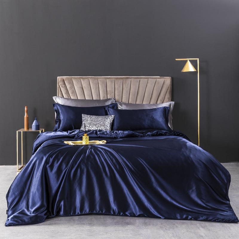 Simple Sophistication: Washed Silk Four-Piece Set with a Silky Nude Sleep Feel, in Solid Color for Cool Summer Bedding SetDark Blue Bed sheet 1.5x2m