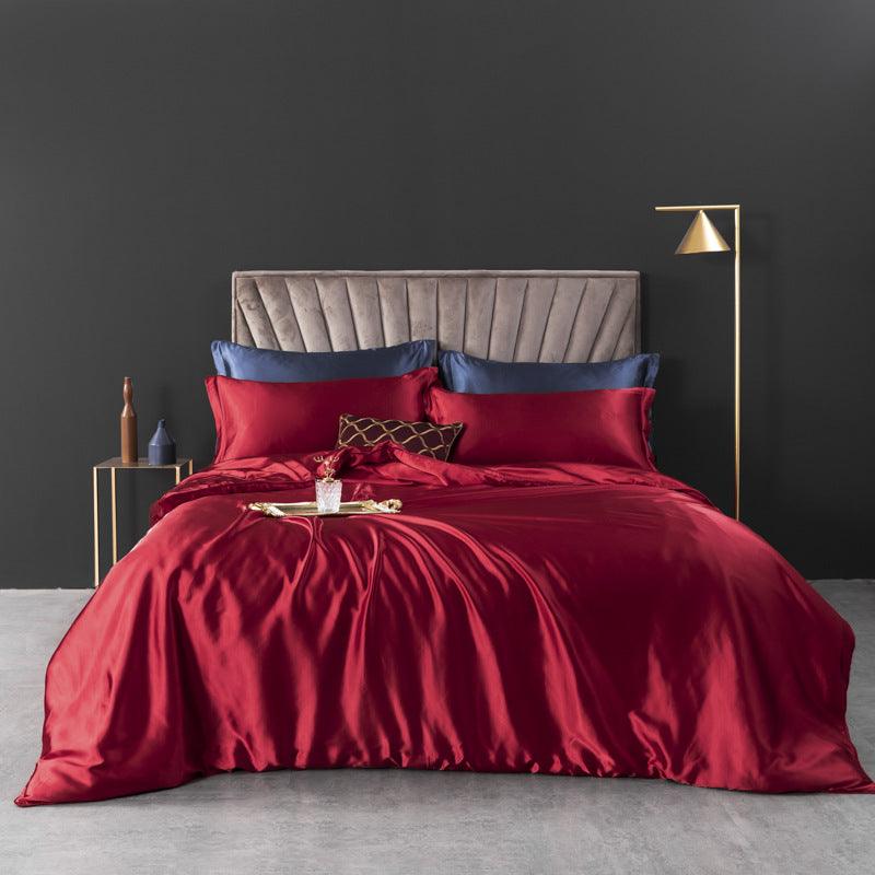 Simple Sophistication: Washed Silk Four-Piece Set with a Silky Nude Sleep Feel, in Solid Color for Cool Summer Bedding SetBright Red Bed sheet 1.5x2m