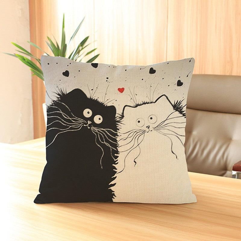 Cat Pattern Cartoon Images Linen Cotton Blend Cushion CoverA With pillow core  