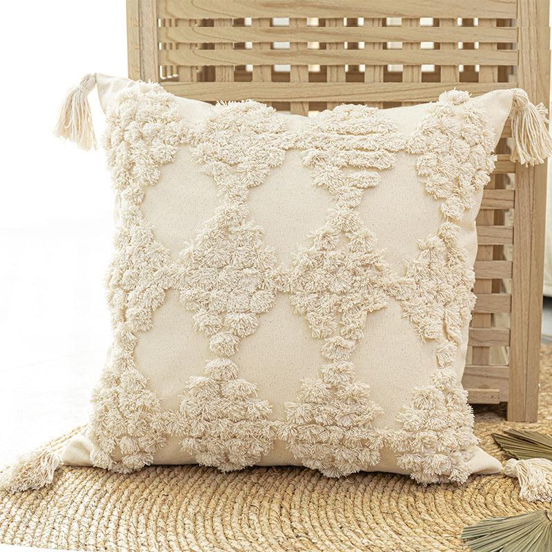 Chic Home Furnishing: Tufted Throw Pillow Case with Tassels - Elevate Your Sofa with Stylish Cushion CoverBeige square pillow Pillowcase 