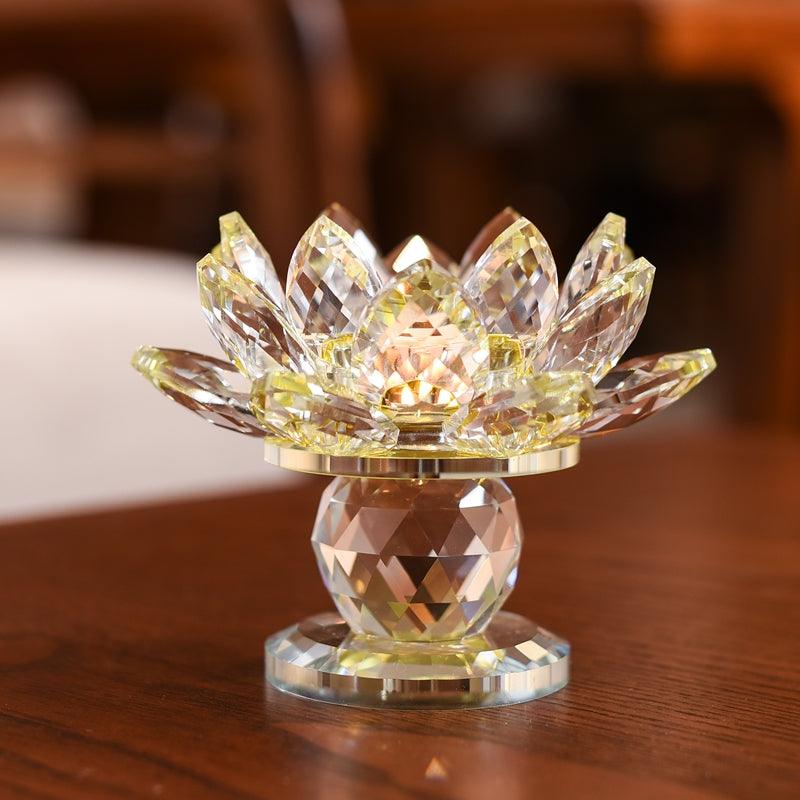 Crystal Lotus Butter Lamp Glass Candle Holder OrnamentYellow S 