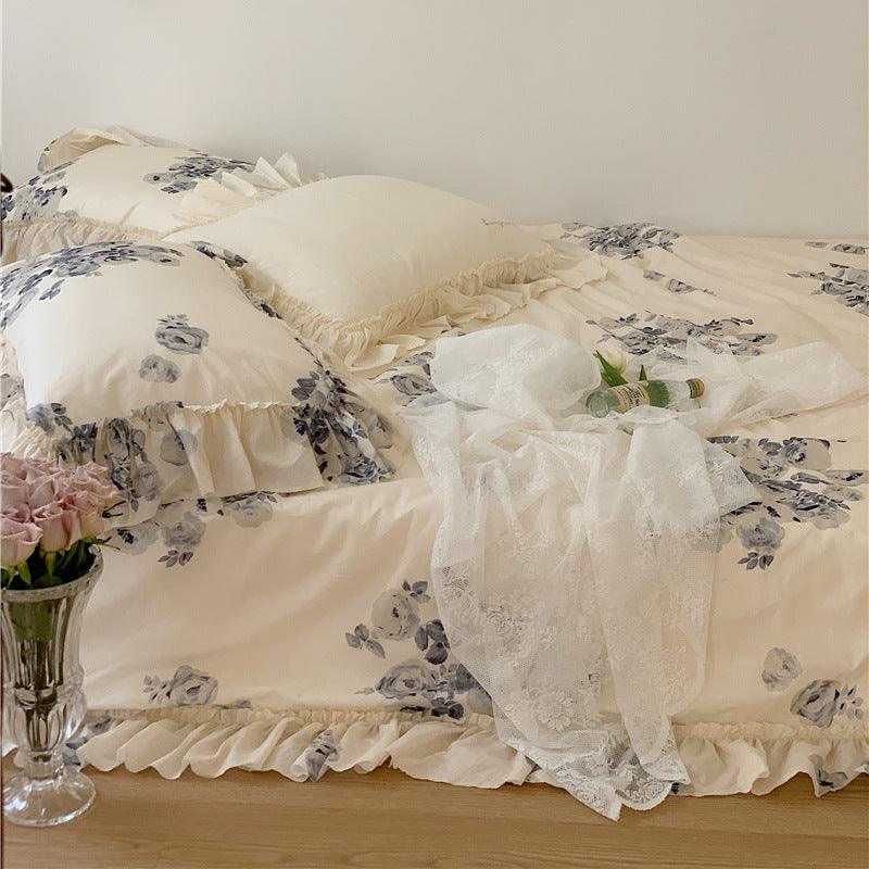 French Romance: 40 Cotton French Romantic Printing Four-Piece Pure Cotton Bedding SetWhite 2m 4 pcs set 