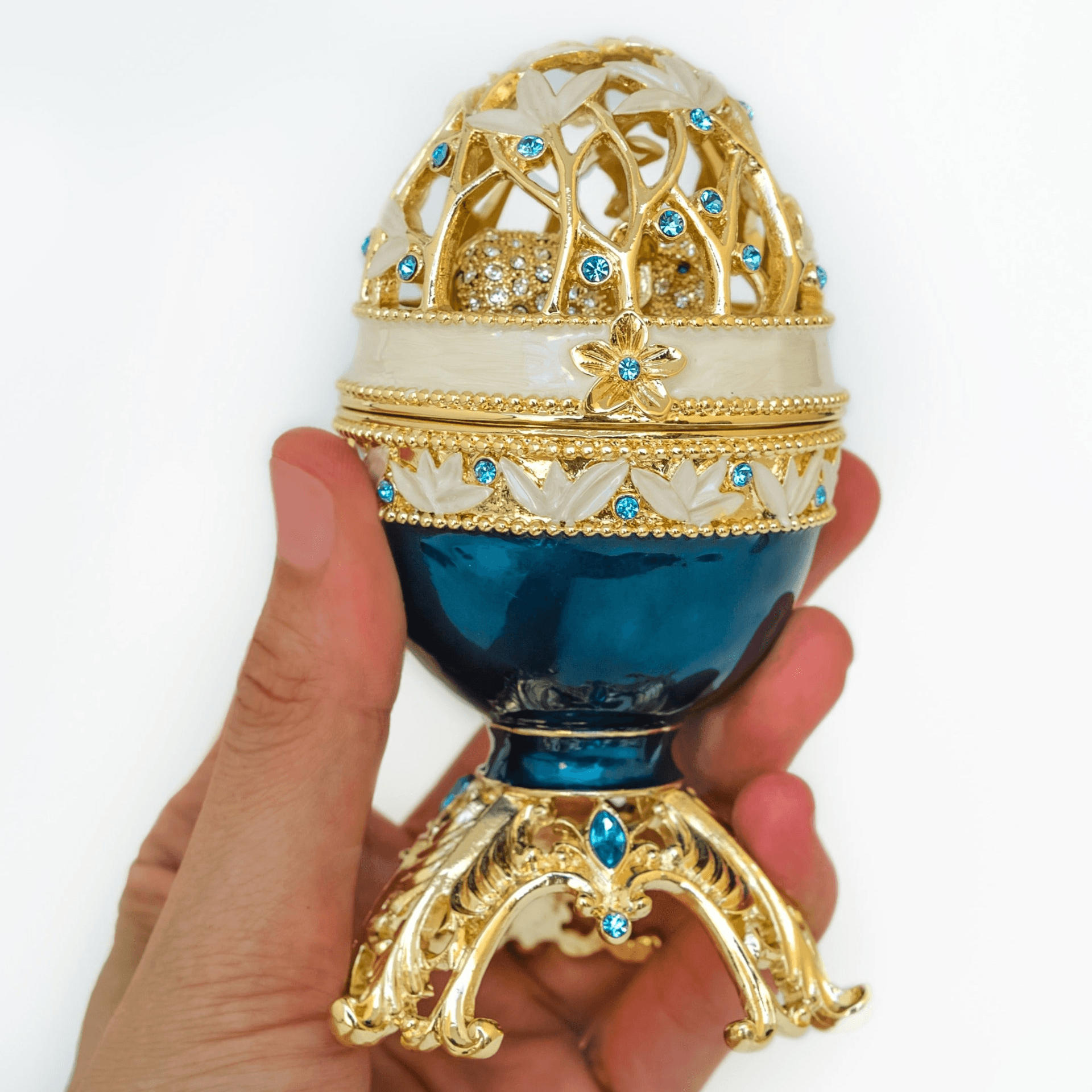 Golden Blue Faberge Egg with a Golden Elephant  