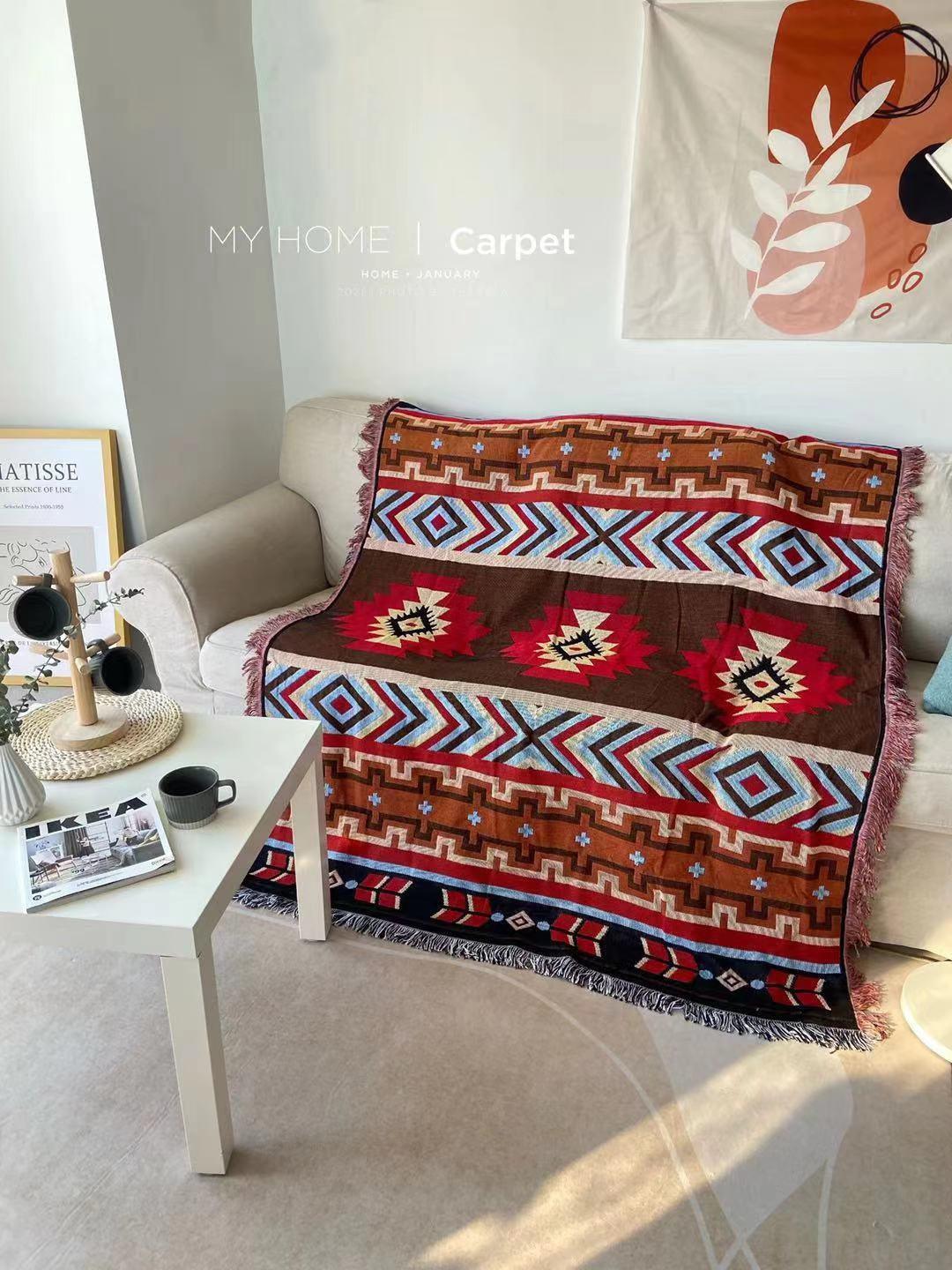 Kashgar Style Bohemian Blanket Ethnic Style Fabric BlanketBlack Red Kilim 125x150CM 