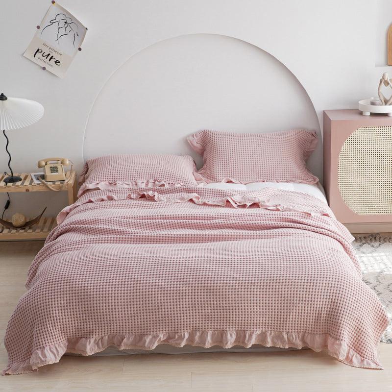 Korean Waffle Plaid Blanket: Stylish Cotton Yarn Bed CoverPink 200x230 