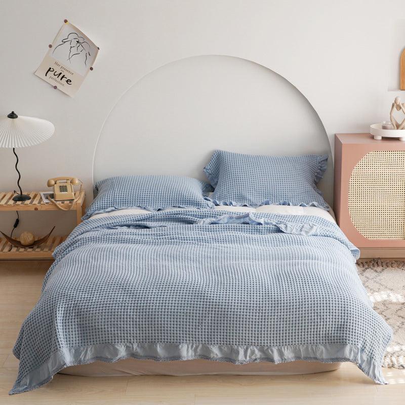 Korean Waffle Plaid Blanket: Stylish Cotton Yarn Bed CoverBlue 200x230 