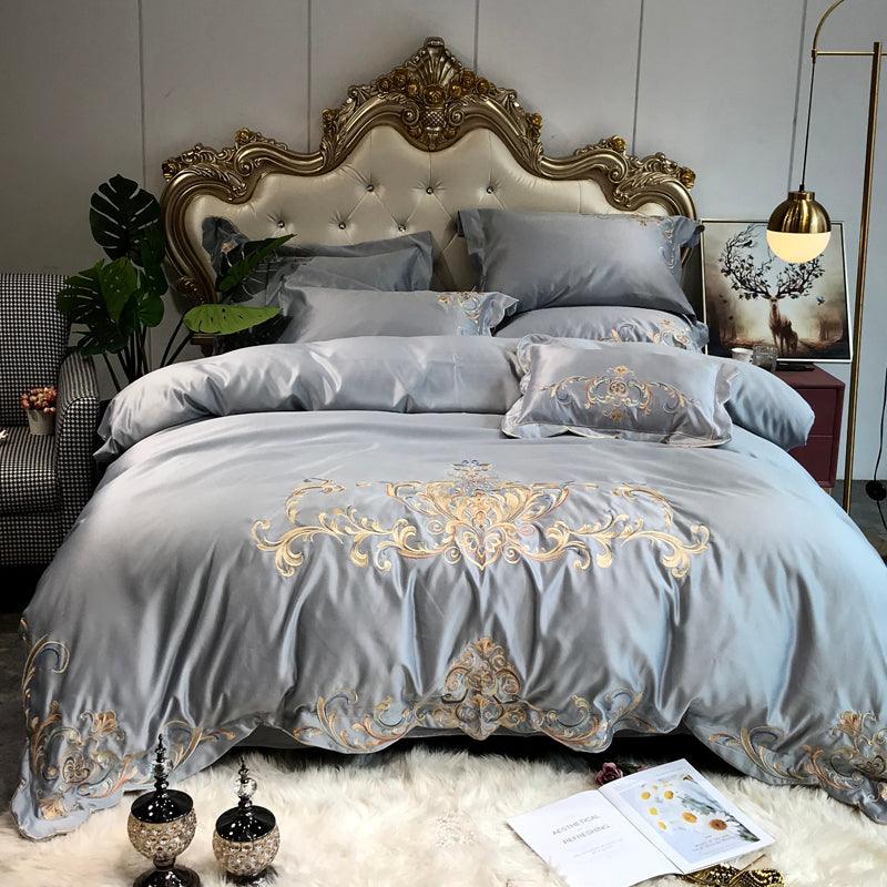 Luxurious Embroidery: Four-Piece Pure Cotton Bedding SetGrey Flat sheet 1.5m bed