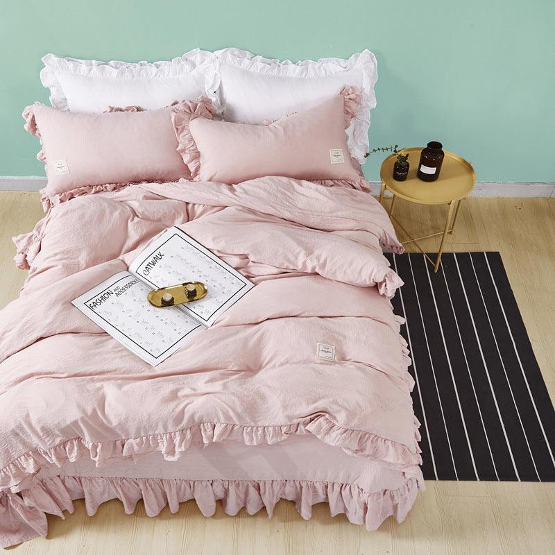Princess Elegance: Four-Piece Soft Cotton Bedding Set with Ruffle DetailPink 2m 
