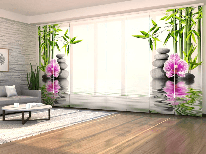 Set of 8 Panel Curtains: Pink Orchid with Bamboo and StonesBlackout 60 280