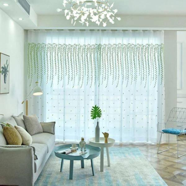 Syda green floral embroidered white sheer custom curtain  