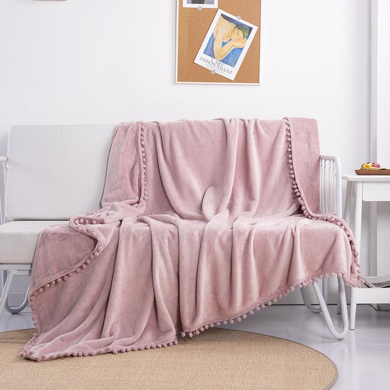 Tassel Ball Ball Solid Color Blanket Sofa Dormitory Blanket Gift Air Conditioning BlanketPink 130X150cm 