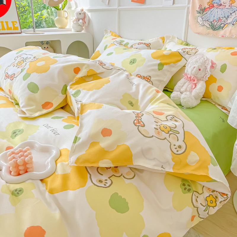 Vibrant Joy: Four-Piece Bright Printed Pattern Cotton Kids Bedding SetFlower Picking Bear 120cm 3 pcs set 