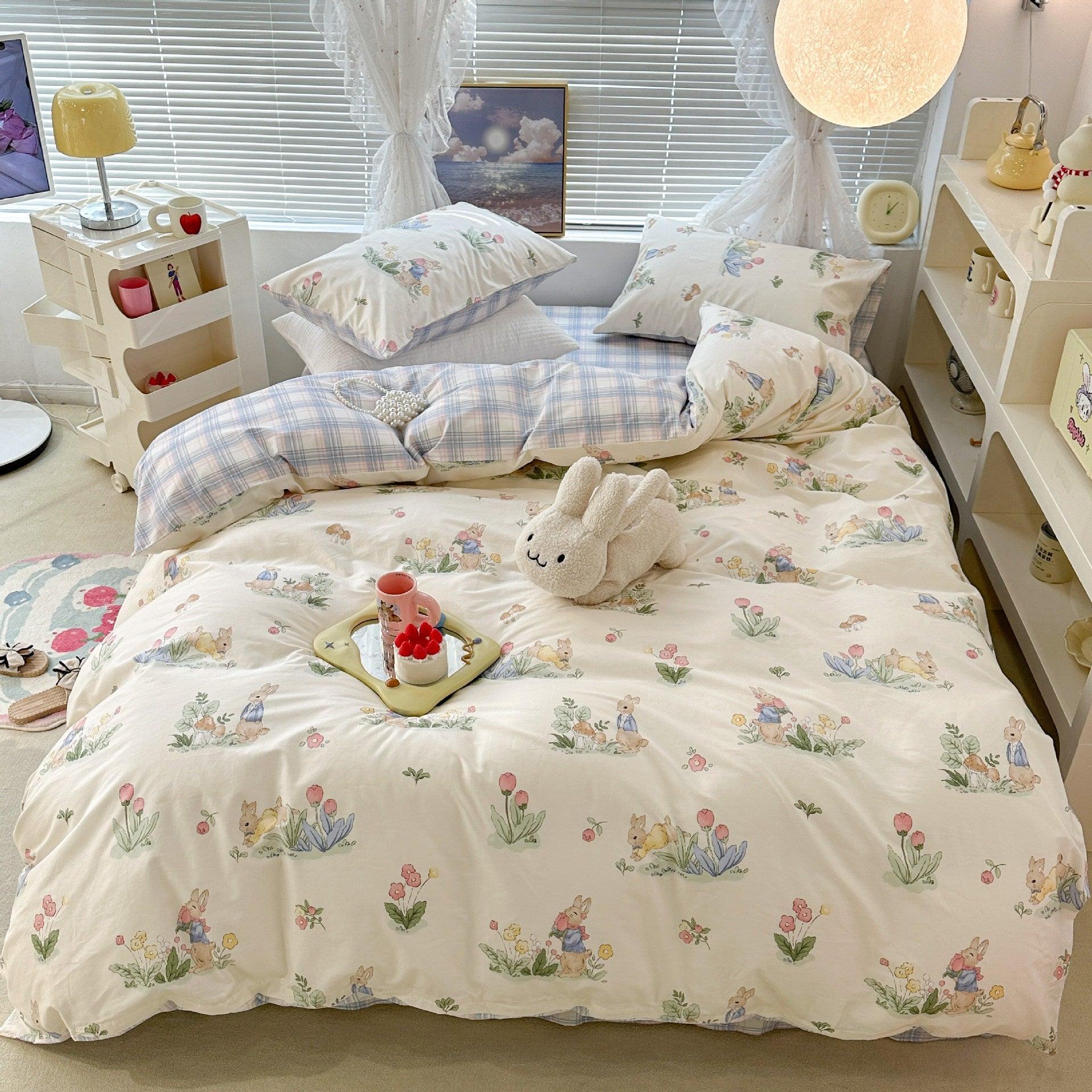 Charmingly Cute: Kids Cotton Pastoral Bedding SetFlower Rabbit 1.2m Bed Sheet 